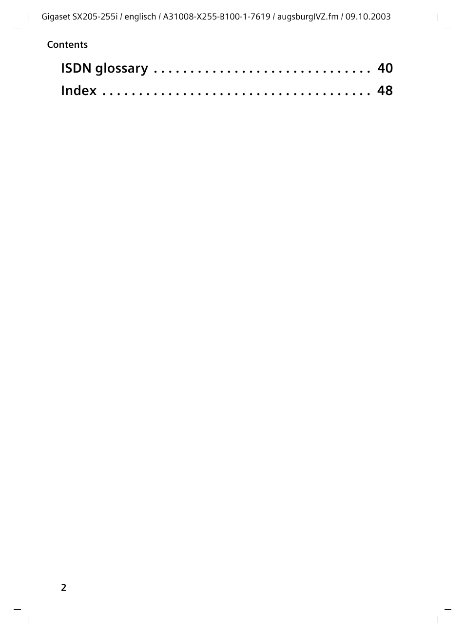 Isdn glossary index | Siemens GIGASET SX255 User Manual | Page 3 / 52