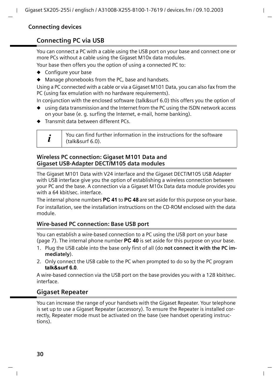 Connecting pc via usb, Wire-based pc connection: base usb port, Gigaset repeater | Connecting pc via usb gigaset repeater | Siemens GIGASET SX255 User Manual | Page 31 / 52