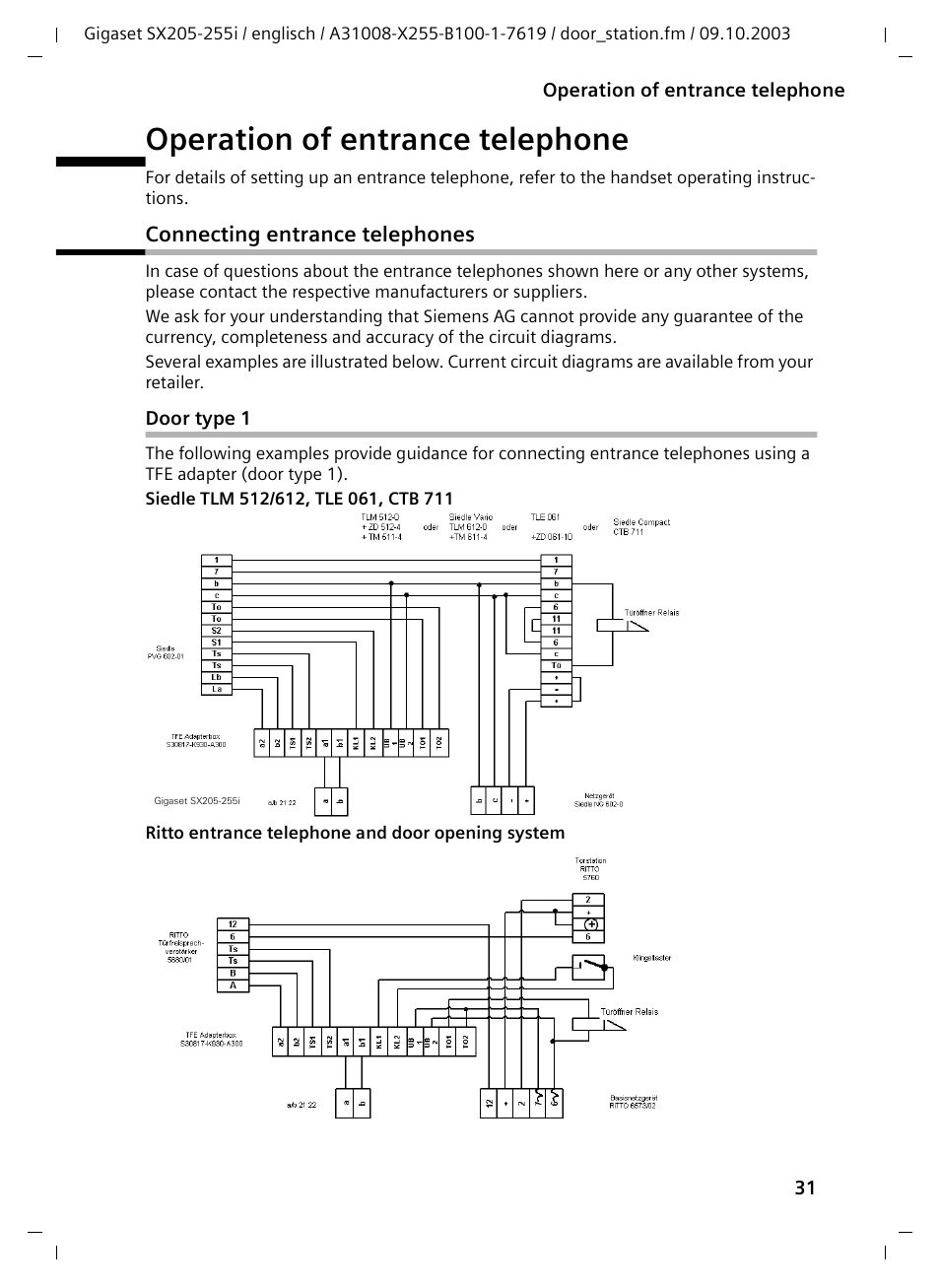 Operation of entrance telephone, Connecting entrance telephones, Door type 1 | Siemens GIGASET SX255 User Manual | Page 32 / 52