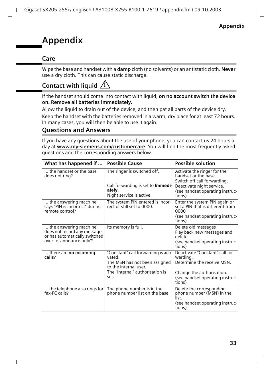 Appendix, Care, Contact with liquid | Questions and answers, Care contact with liquid questions and answers | Siemens GIGASET SX255 User Manual | Page 34 / 52