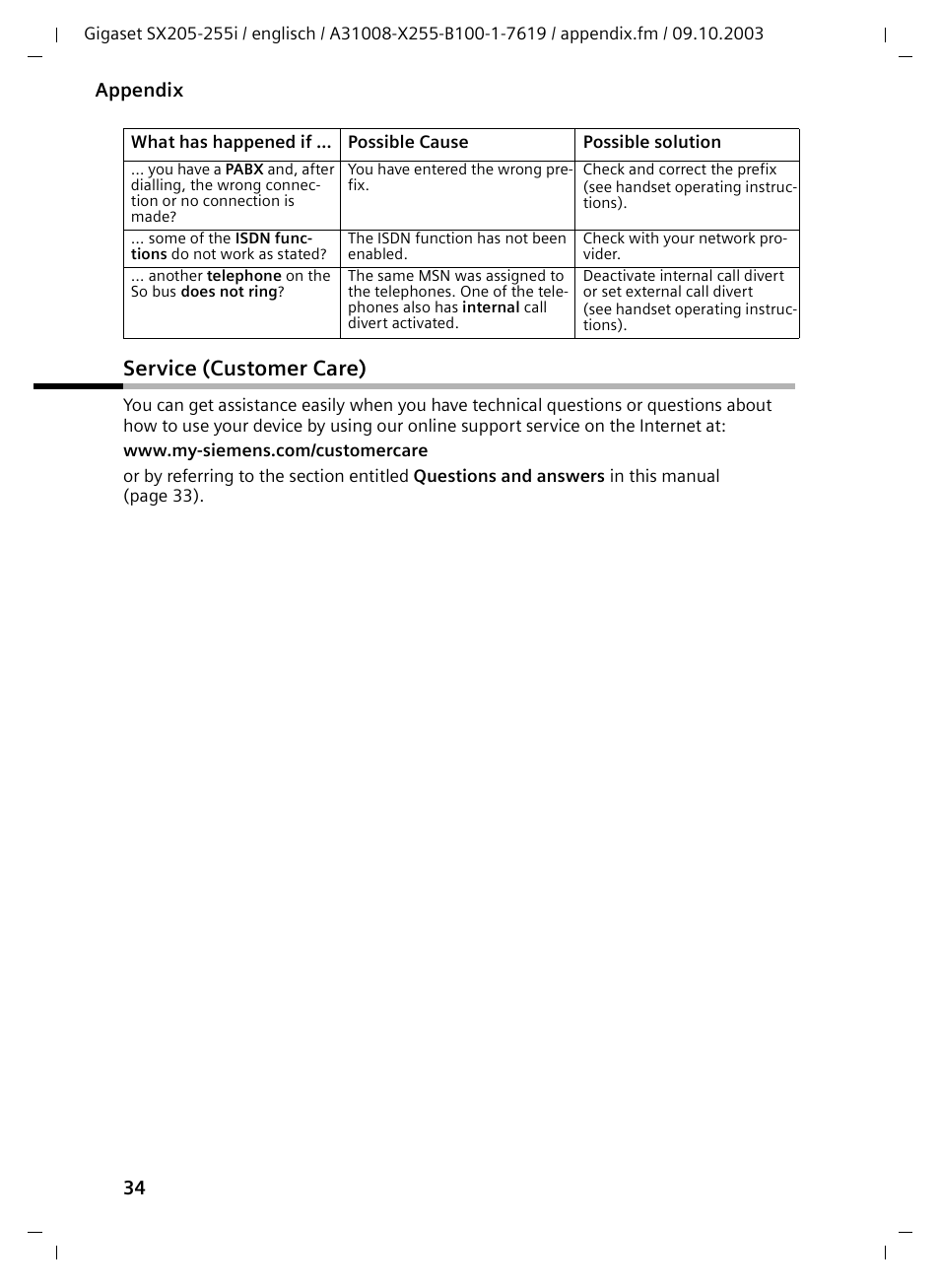 Service (customer care) | Siemens GIGASET SX255 User Manual | Page 35 / 52