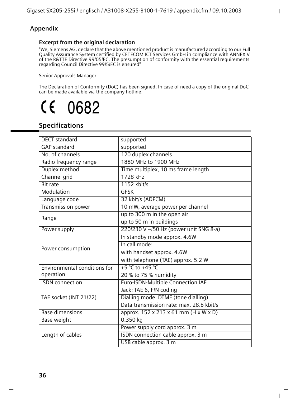 Specifications | Siemens GIGASET SX255 User Manual | Page 37 / 52