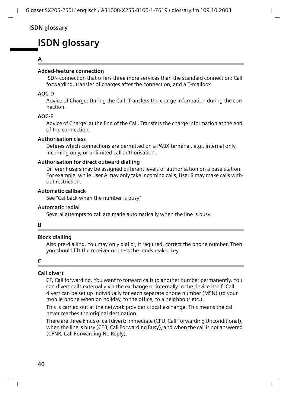 Isdn glossary | Siemens GIGASET SX255 User Manual | Page 41 / 52