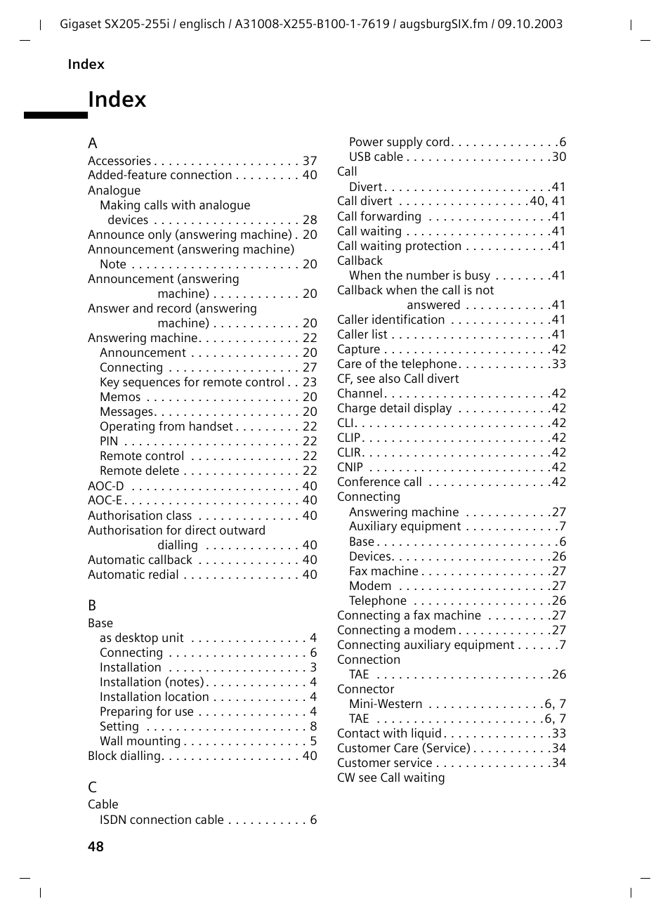 Index | Siemens GIGASET SX255 User Manual | Page 49 / 52