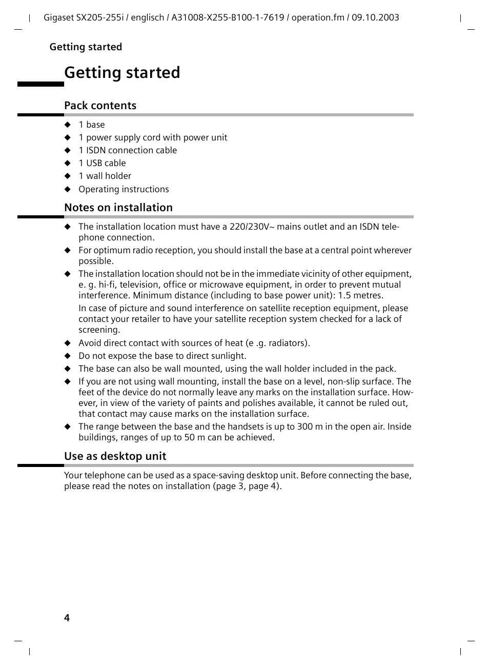 Getting started, Pack contents, Notes on installation | Use as desktop unit | Siemens GIGASET SX255 User Manual | Page 5 / 52