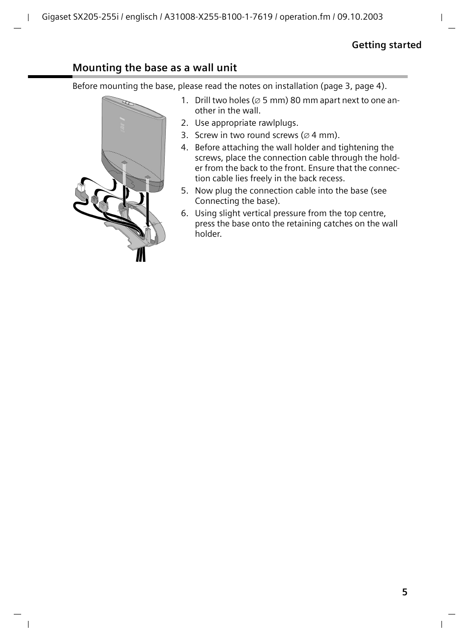 Mounting the base as a wall unit | Siemens GIGASET SX255 User Manual | Page 6 / 52