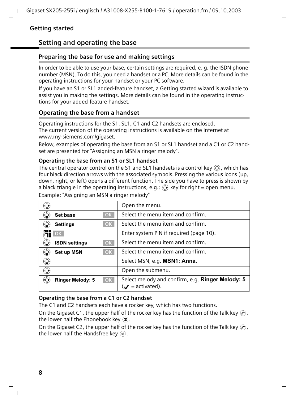 Setting and operating the base, Preparing the base for use and making settings, Operating the base from a handset | Siemens GIGASET SX255 User Manual | Page 9 / 52