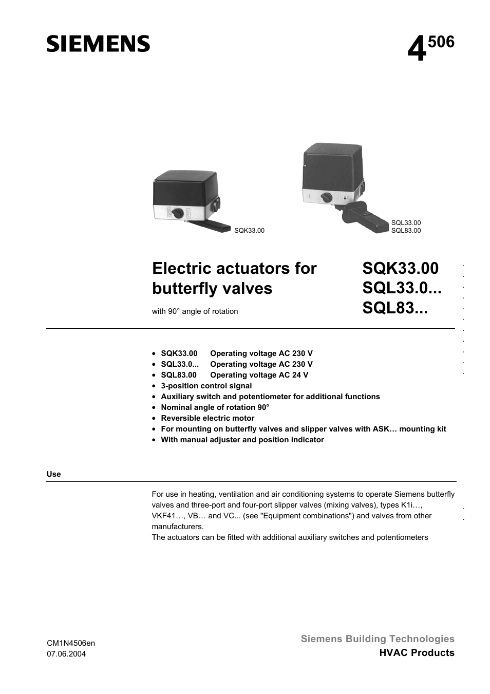 Siemens Electric Actuators For Butterfly Valves SQU83 User Manual | 8 pages