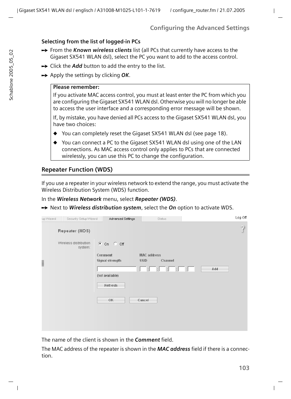 Repeater function (wds) | Siemens Gigaset SX541 WLAN dsl User Manual | Page 105 / 187