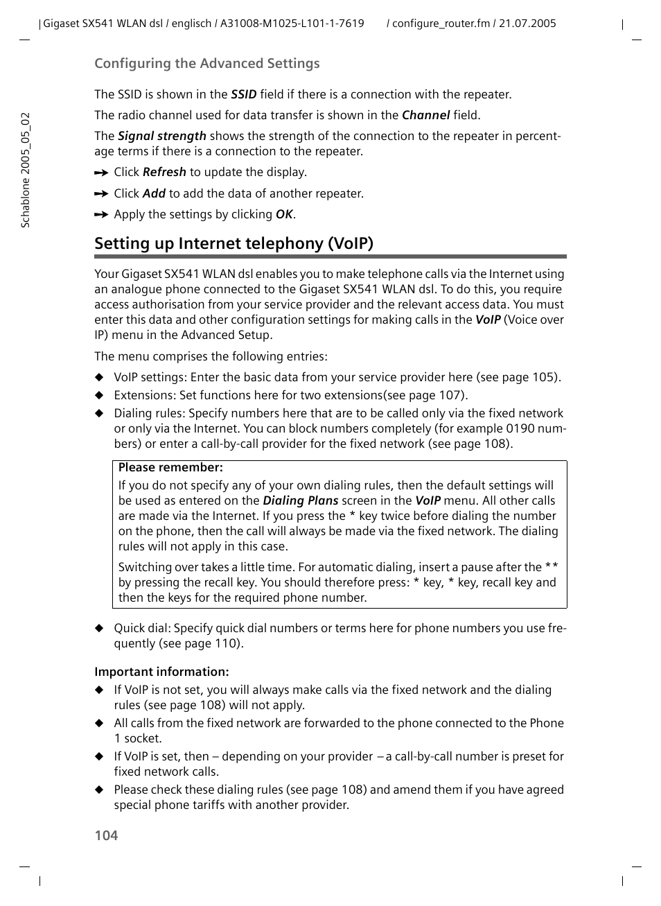 Setting up internet telephony (voip) | Siemens Gigaset SX541 WLAN dsl User Manual | Page 106 / 187