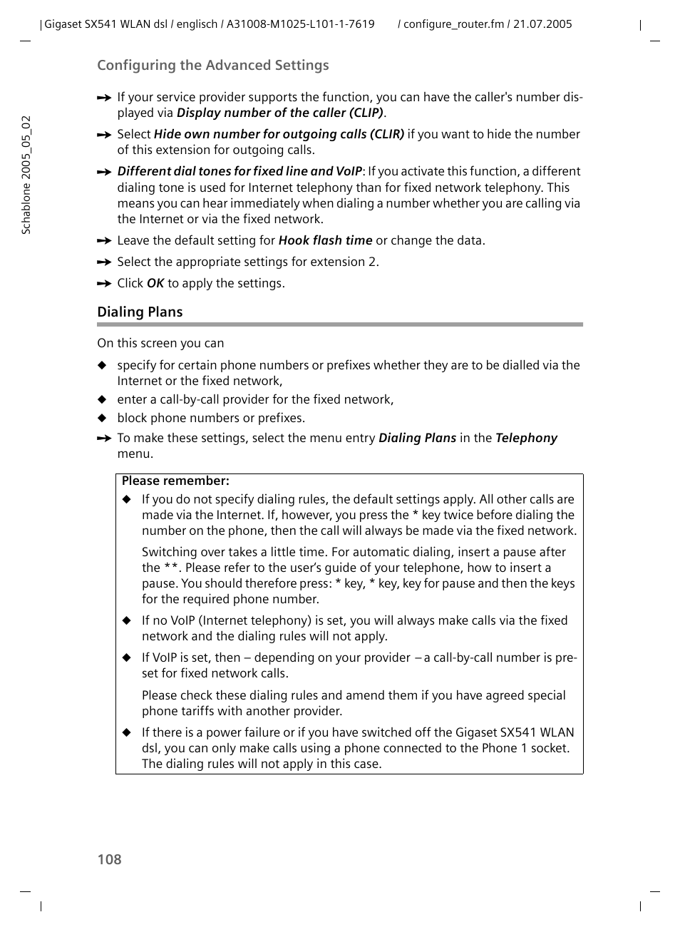 Dialing plans | Siemens Gigaset SX541 WLAN dsl User Manual | Page 110 / 187