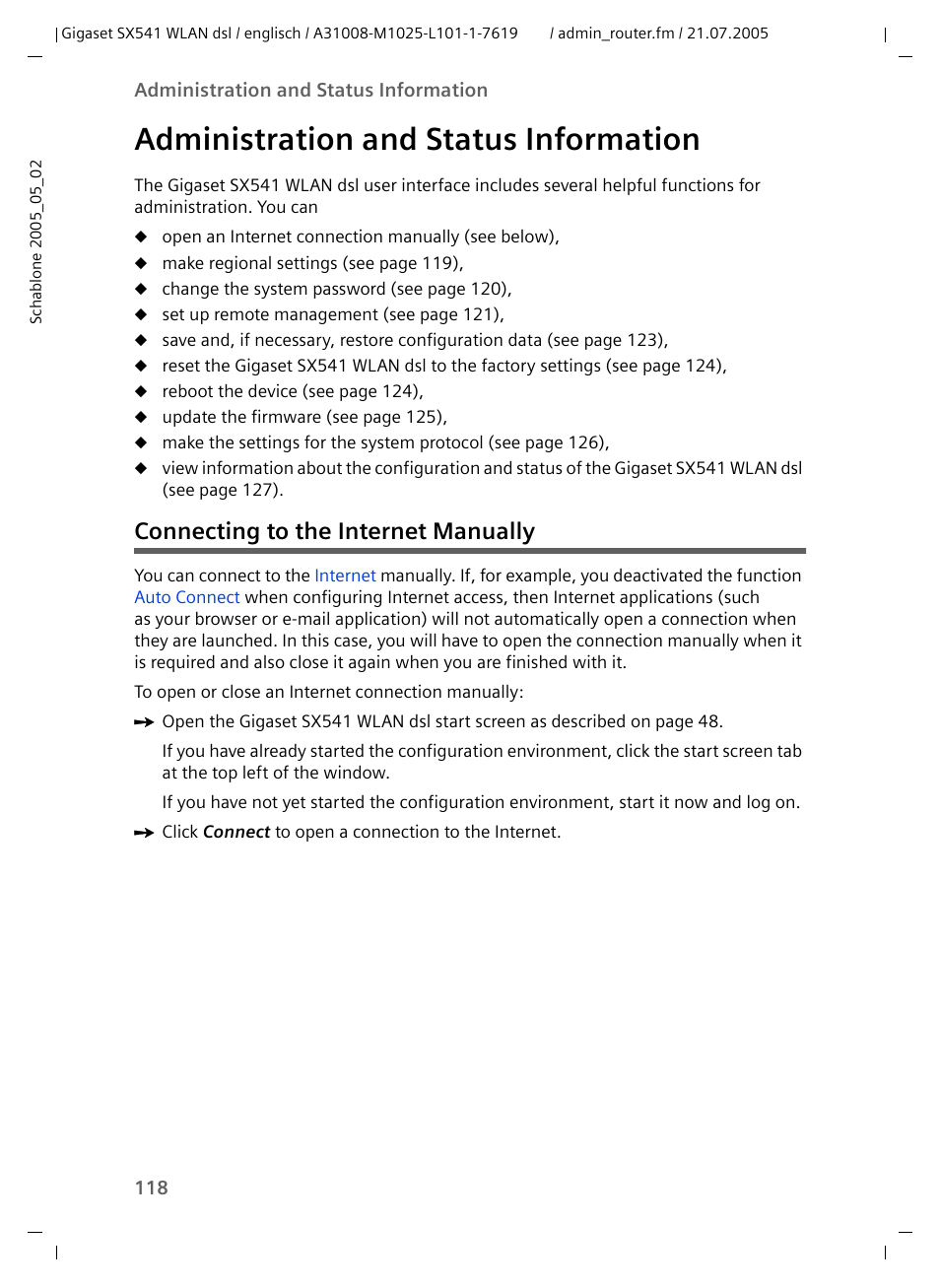 Administration and status information, Connecting to the internet manually | Siemens Gigaset SX541 WLAN dsl User Manual | Page 120 / 187
