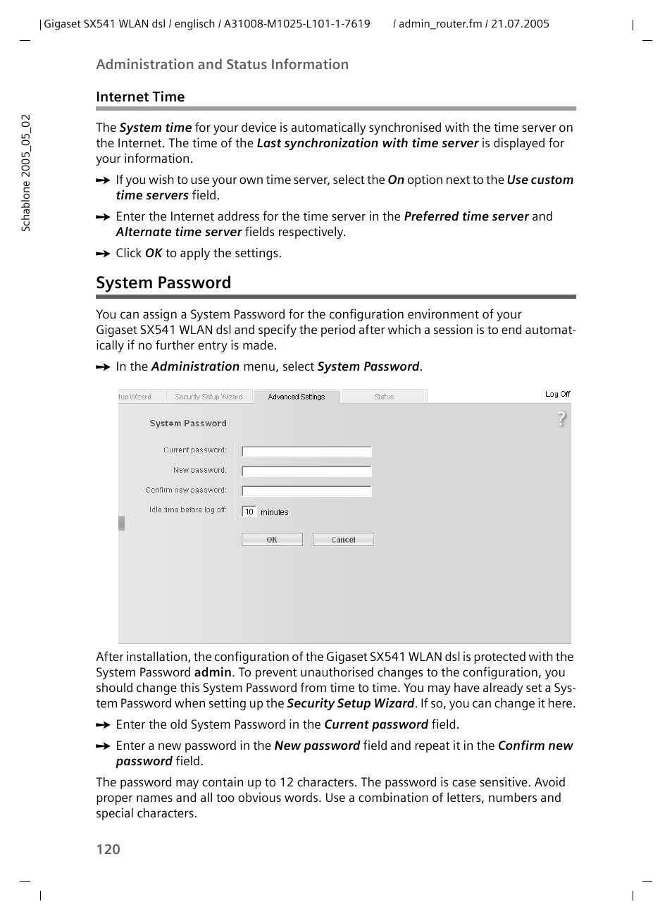 System password, Internet time | Siemens Gigaset SX541 WLAN dsl User Manual | Page 122 / 187