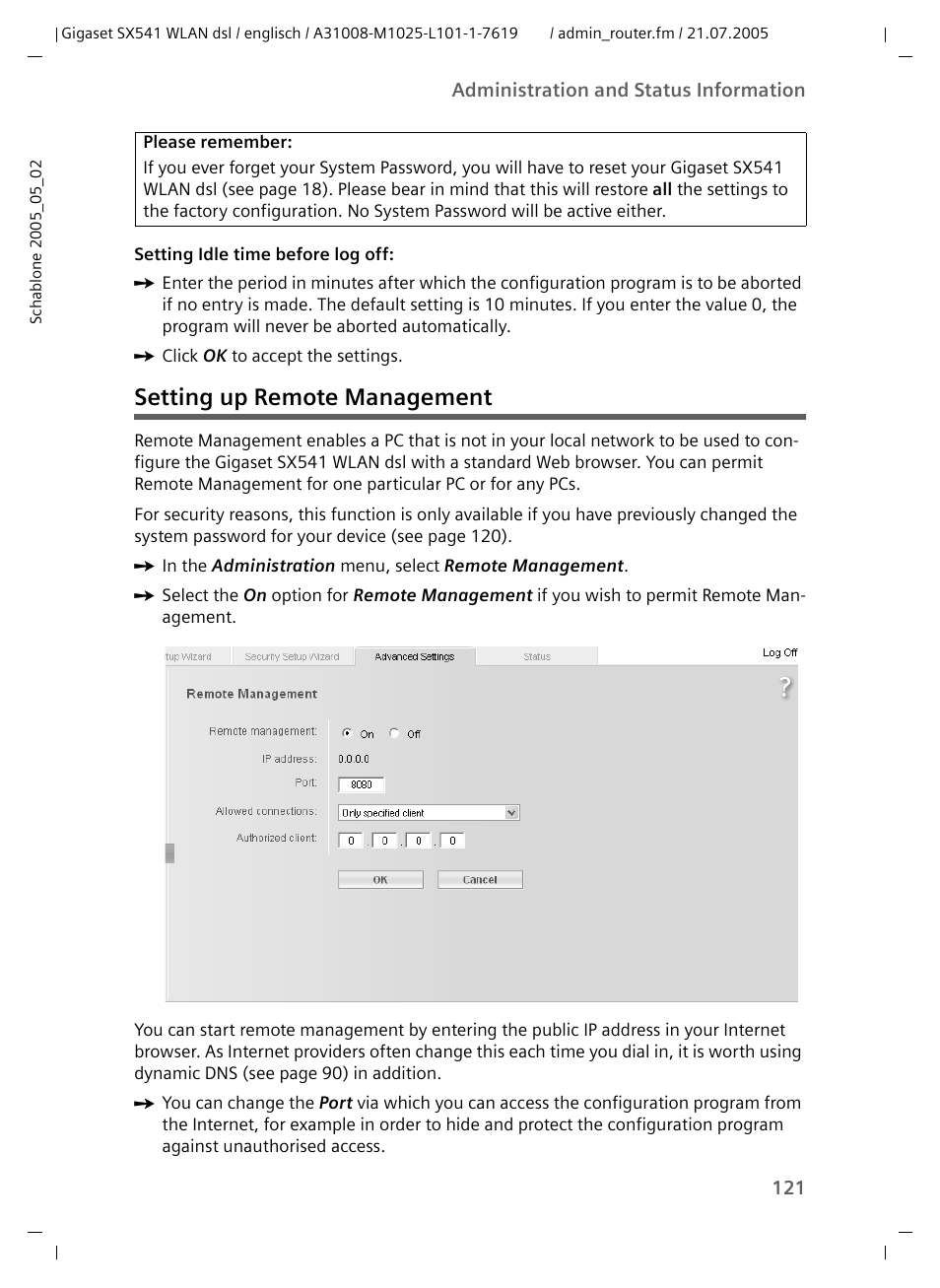 Setting up remote management | Siemens Gigaset SX541 WLAN dsl User Manual | Page 123 / 187