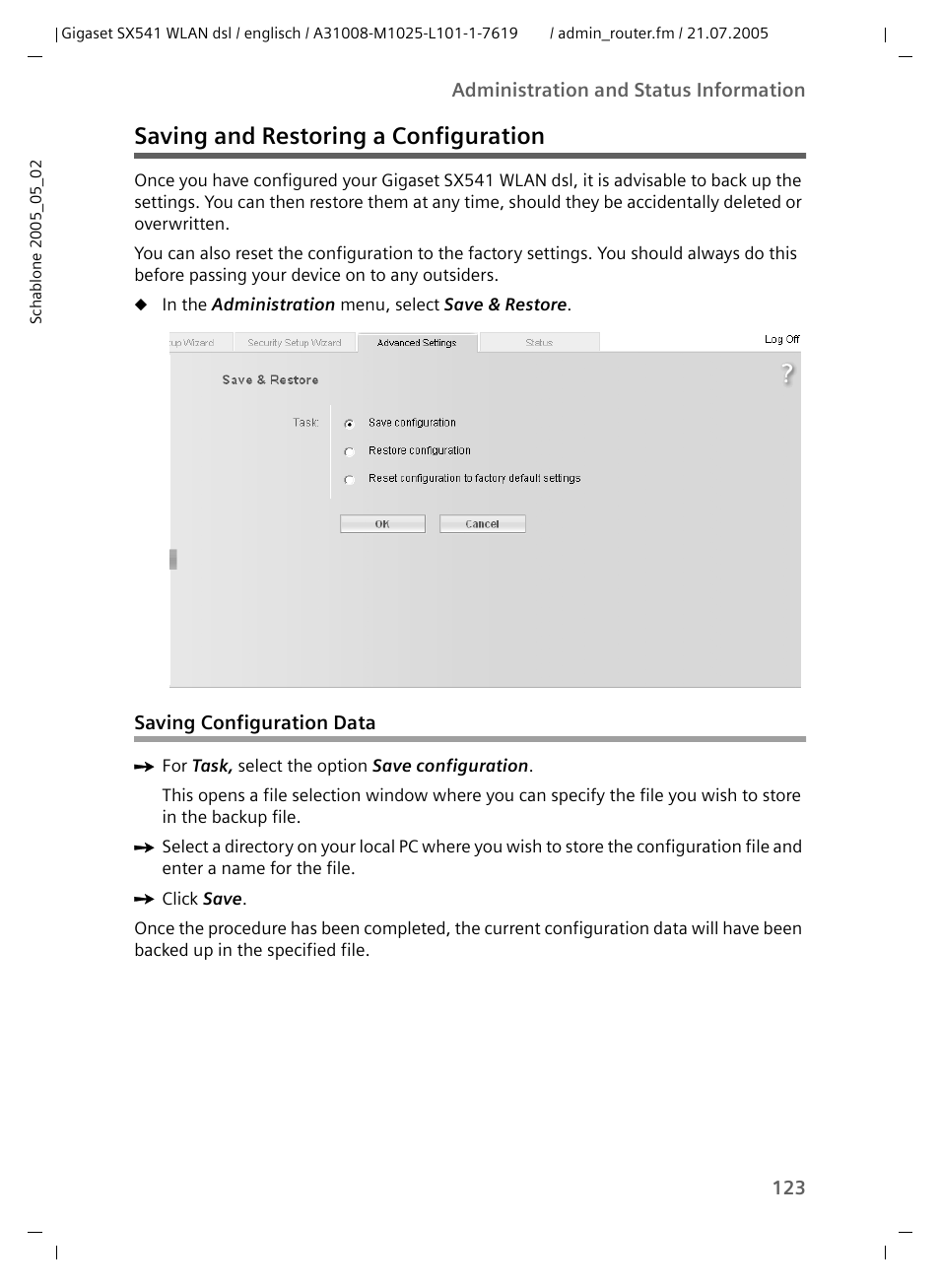 Saving and restoring a configuration, Saving configuration data | Siemens Gigaset SX541 WLAN dsl User Manual | Page 125 / 187
