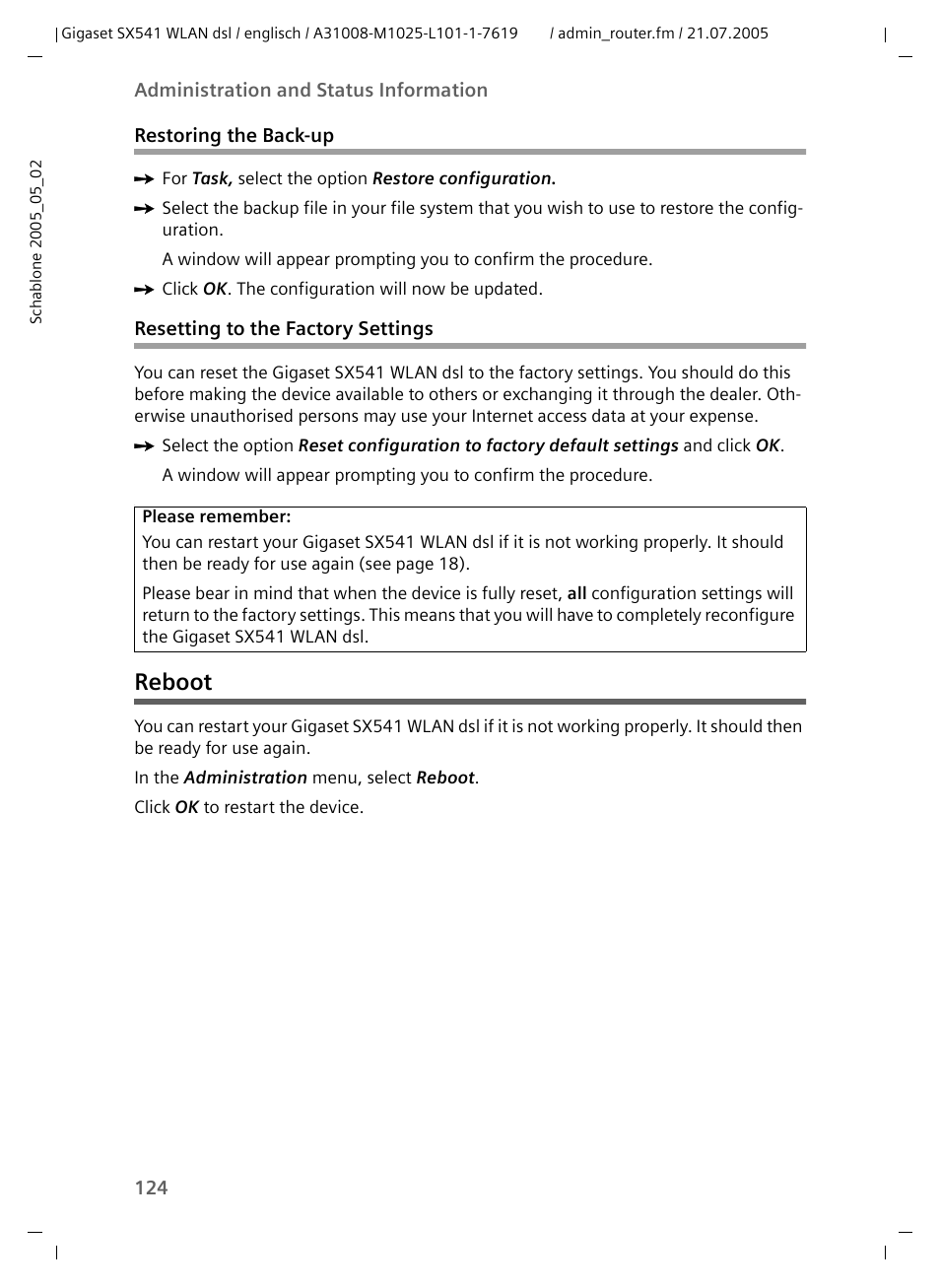 Resetting to the factory settings, Reboot | Siemens Gigaset SX541 WLAN dsl User Manual | Page 126 / 187