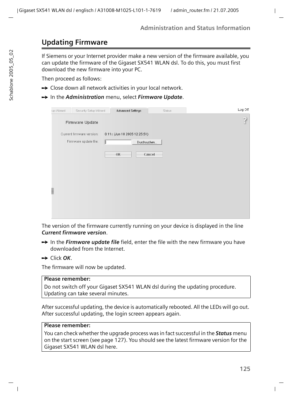 Updating firmware | Siemens Gigaset SX541 WLAN dsl User Manual | Page 127 / 187