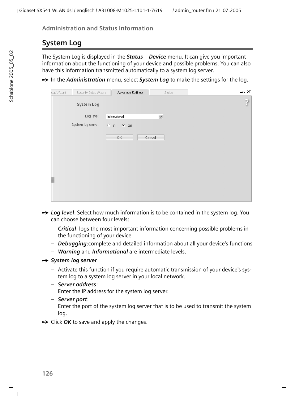 System log | Siemens Gigaset SX541 WLAN dsl User Manual | Page 128 / 187