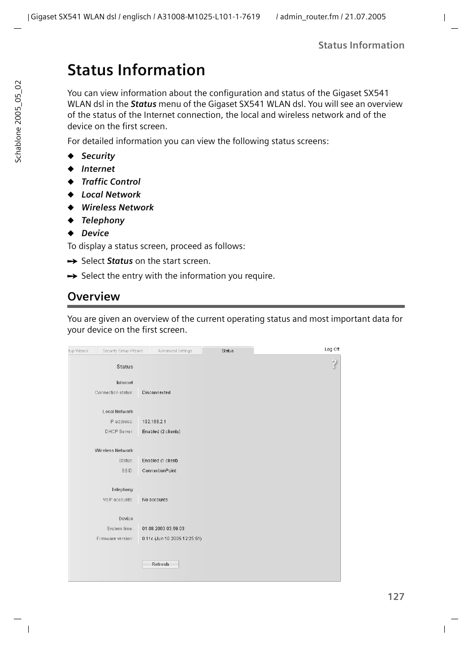 Status information, Overview | Siemens Gigaset SX541 WLAN dsl User Manual | Page 129 / 187