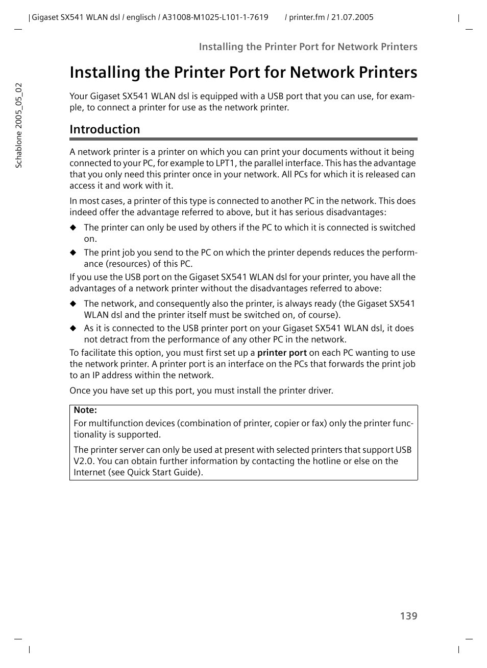 Installing the printer port for network printers, Introduction | Siemens Gigaset SX541 WLAN dsl User Manual | Page 141 / 187