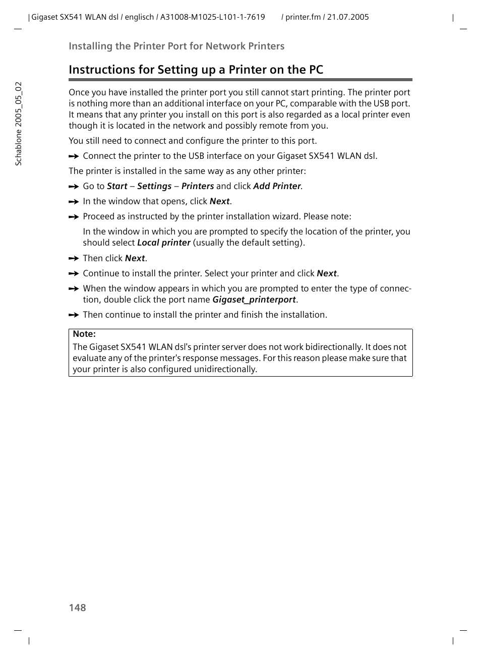 Instructions for setting up a printer on the pc | Siemens Gigaset SX541 WLAN dsl User Manual | Page 150 / 187