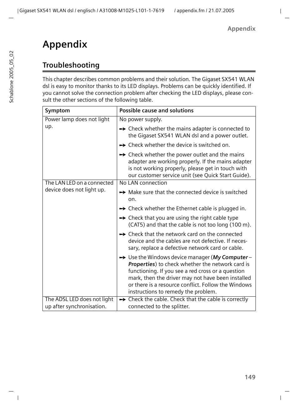Appendix, Troubleshooting | Siemens Gigaset SX541 WLAN dsl User Manual | Page 151 / 187