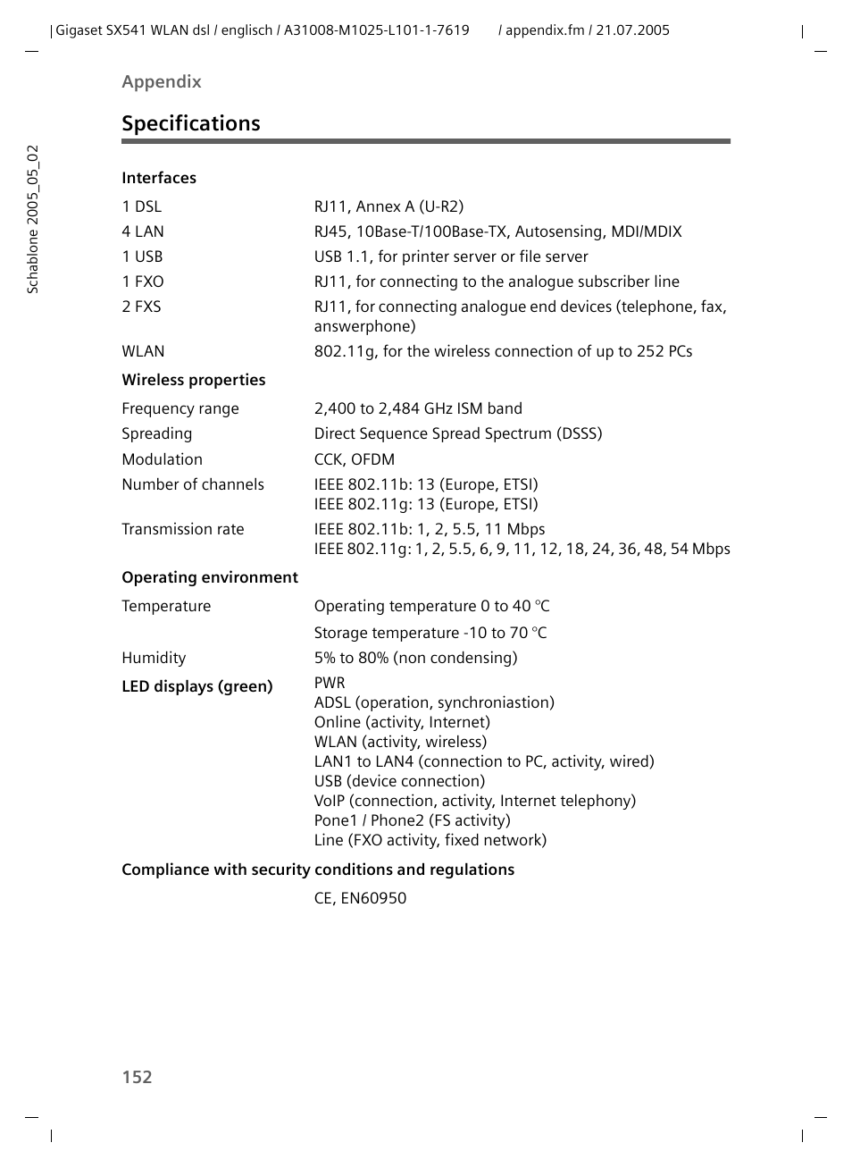 Specifications | Siemens Gigaset SX541 WLAN dsl User Manual | Page 154 / 187