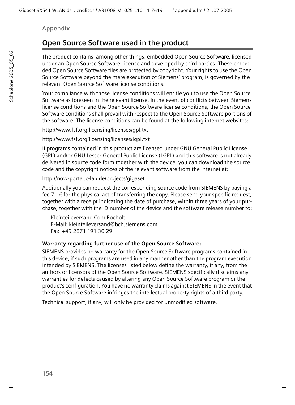Open source software used in the product | Siemens Gigaset SX541 WLAN dsl User Manual | Page 156 / 187