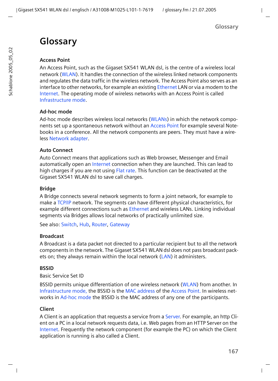 Glossary, Client, Ad-hoc mode | Ork client. this is done as f, Auto connect, When configuring int | Siemens Gigaset SX541 WLAN dsl User Manual | Page 169 / 187