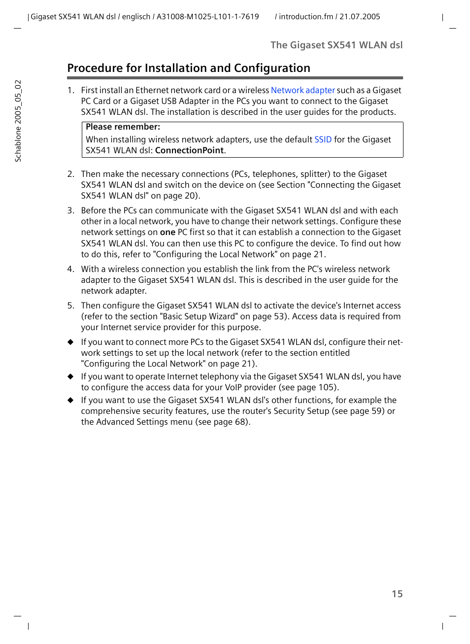Procedure for installation and configuration | Siemens Gigaset SX541 WLAN dsl User Manual | Page 17 / 187