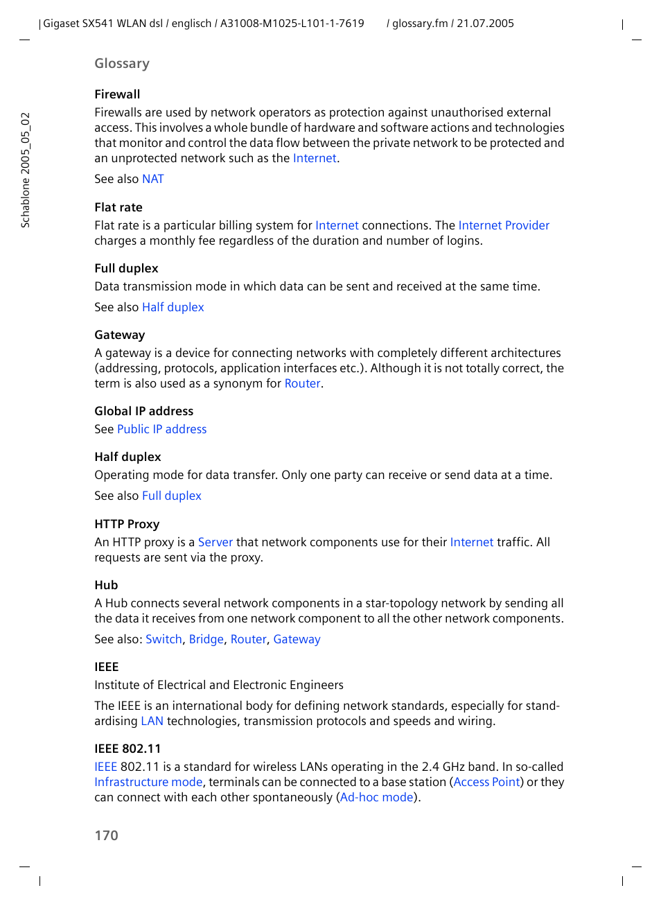 Ieee 802.11g, Firewall, Flat rate | Gateway | Siemens Gigaset SX541 WLAN dsl User Manual | Page 172 / 187