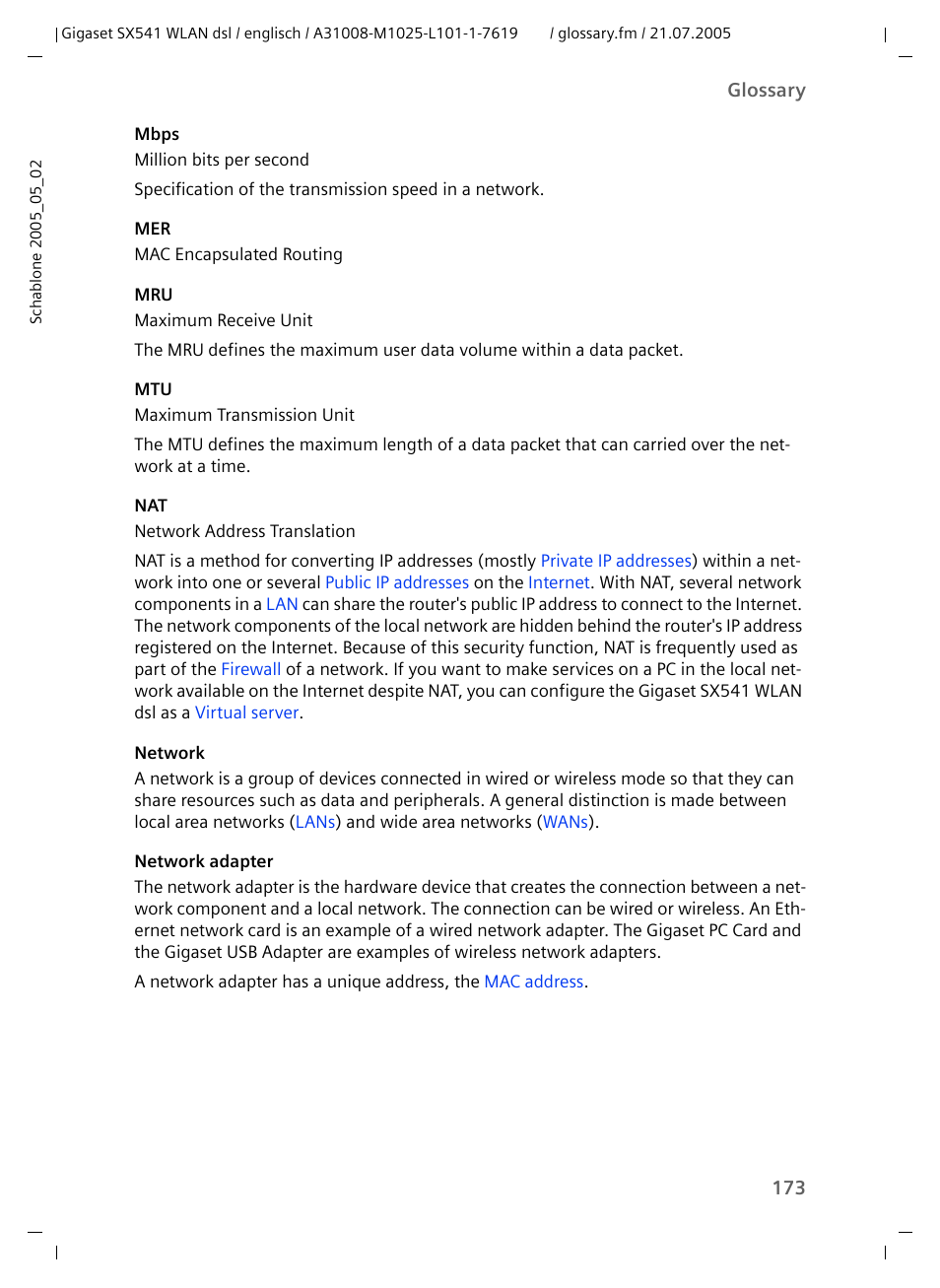 Sion speed of 10 or 100, Mbps, Network adapter | An dsl is supplied, the, See also | Siemens Gigaset SX541 WLAN dsl User Manual | Page 175 / 187