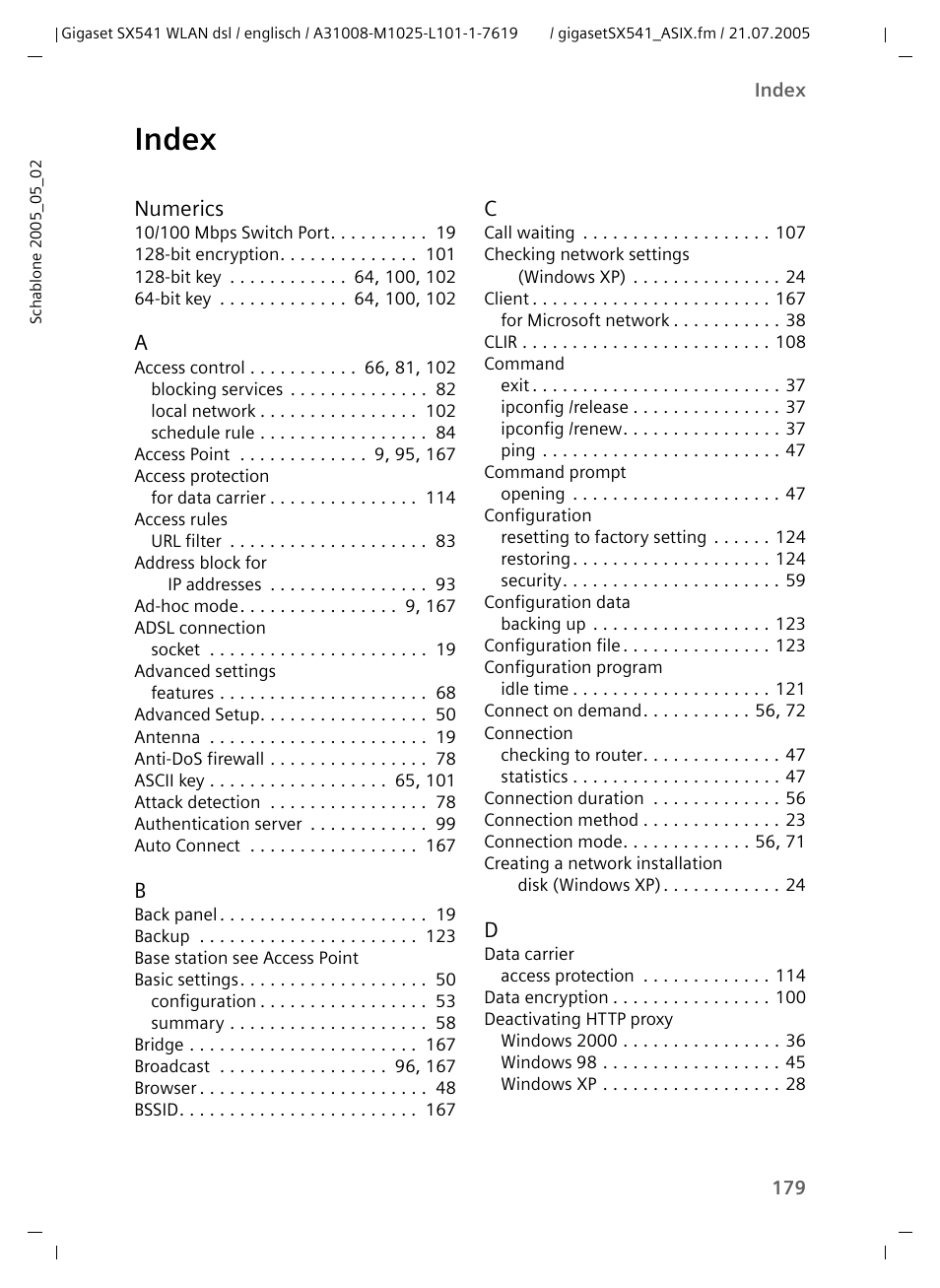 Index, Numerics | Siemens Gigaset SX541 WLAN dsl User Manual | Page 181 / 187