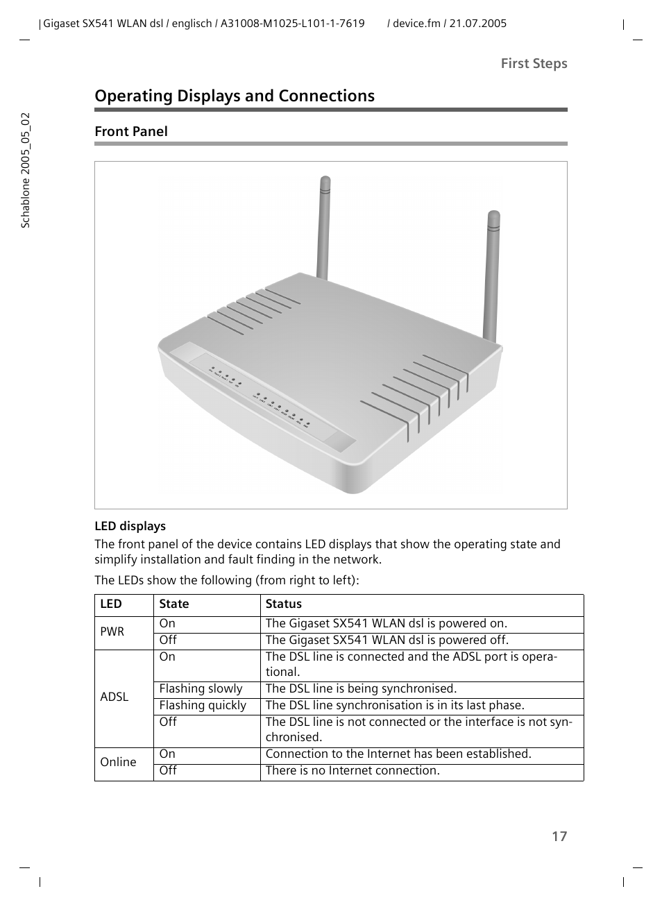 Operating displays and connections, Front panel | Siemens Gigaset SX541 WLAN dsl User Manual | Page 19 / 187