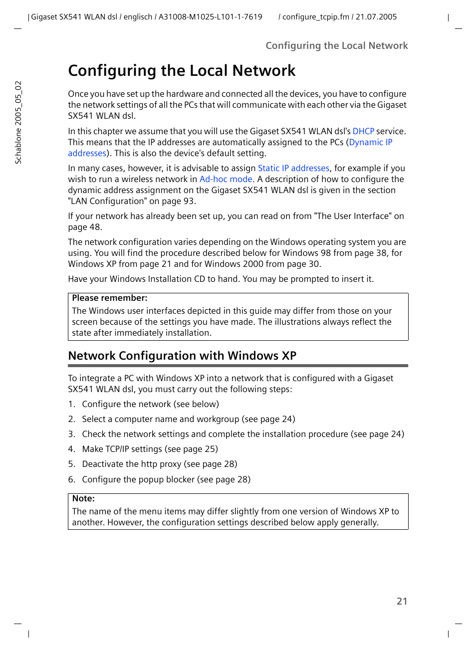 Configuring the local network, Network configuration with windows xp | Siemens Gigaset SX541 WLAN dsl User Manual | Page 23 / 187