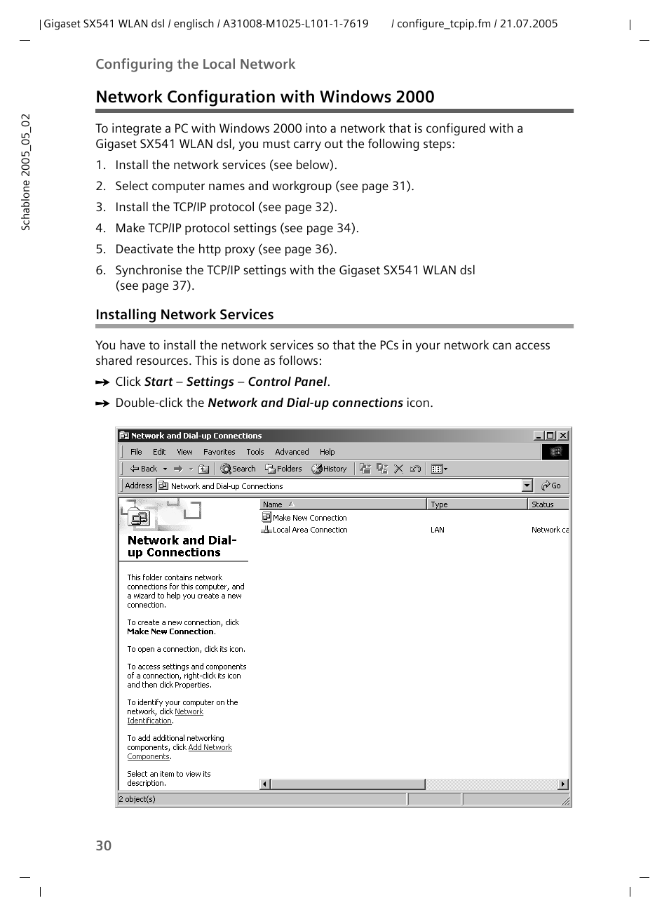 Network configuration with windows 2000, Installing network services | Siemens Gigaset SX541 WLAN dsl User Manual | Page 32 / 187