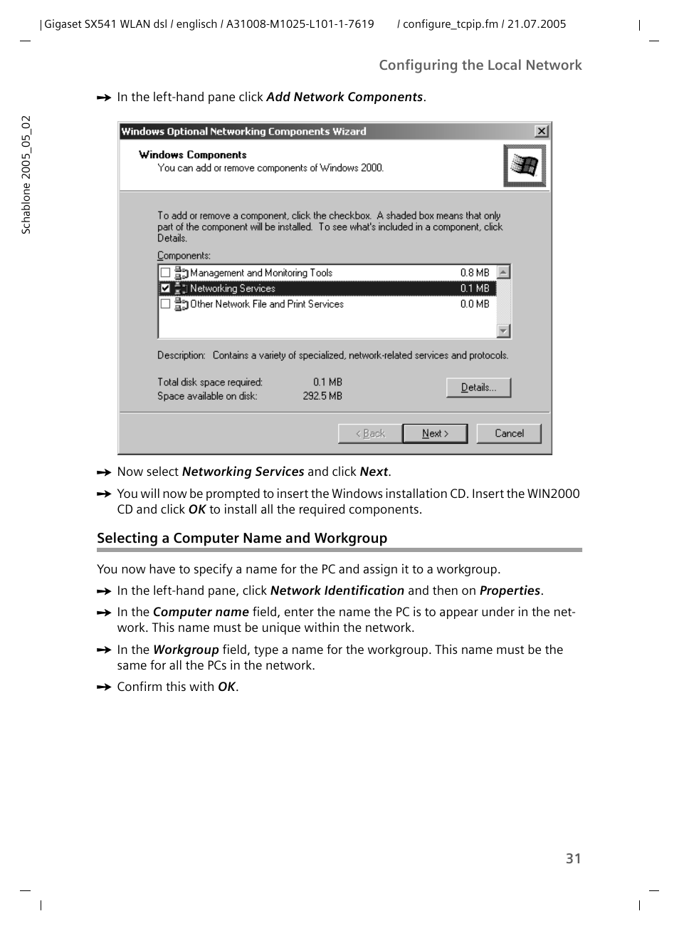 Selecting a computer name and workgroup | Siemens Gigaset SX541 WLAN dsl User Manual | Page 33 / 187