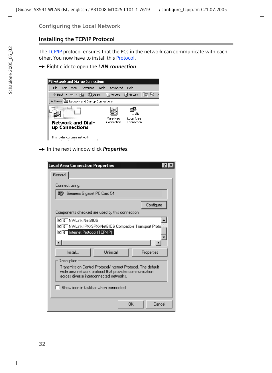 Installing the tcp/ip protocol | Siemens Gigaset SX541 WLAN dsl User Manual | Page 34 / 187