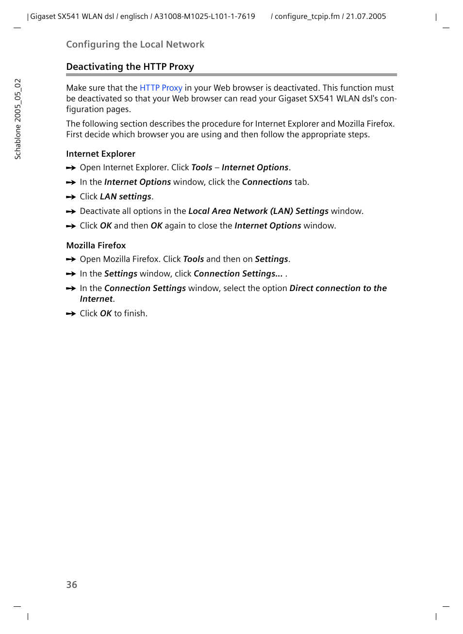 Deactivating the http proxy | Siemens Gigaset SX541 WLAN dsl User Manual | Page 38 / 187