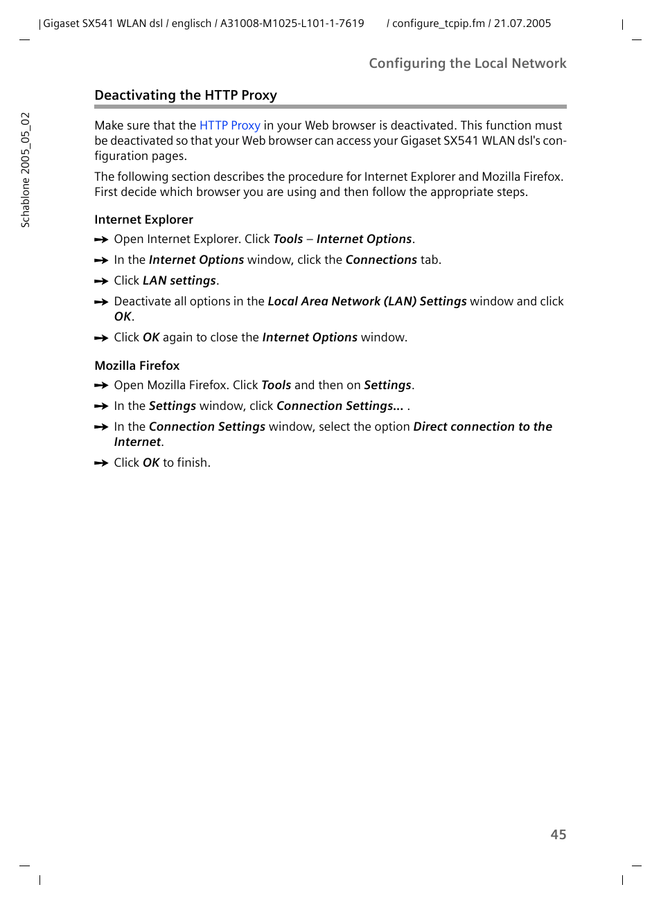 Deactivating the http proxy | Siemens Gigaset SX541 WLAN dsl User Manual | Page 47 / 187