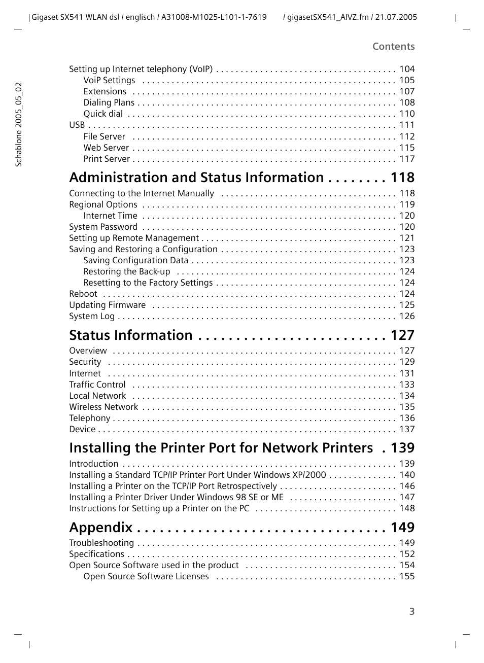 Voip settings 105, Dialing plans 108, Saving configuration data 123 | Resetting to the factory settings 124, Administration and status information, Status information, Appendix | Siemens Gigaset SX541 WLAN dsl User Manual | Page 5 / 187