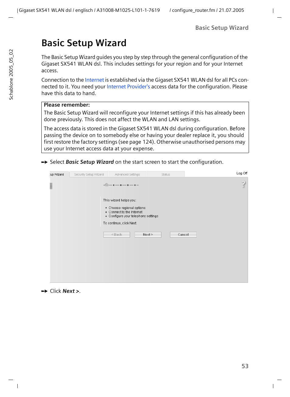 Basic setup wizard | Siemens Gigaset SX541 WLAN dsl User Manual | Page 55 / 187