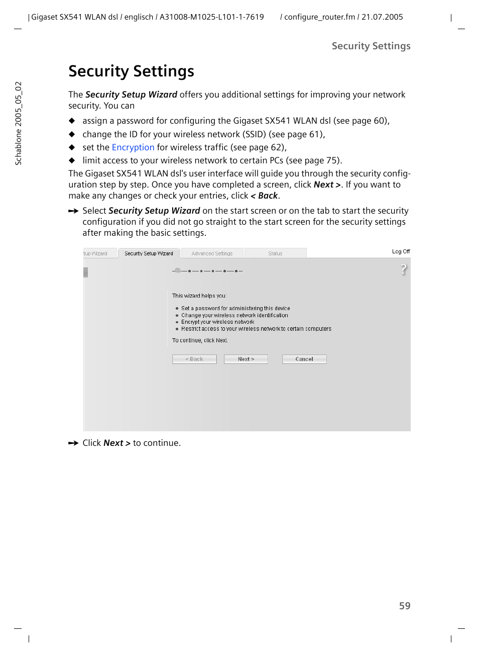 Security settings | Siemens Gigaset SX541 WLAN dsl User Manual | Page 61 / 187