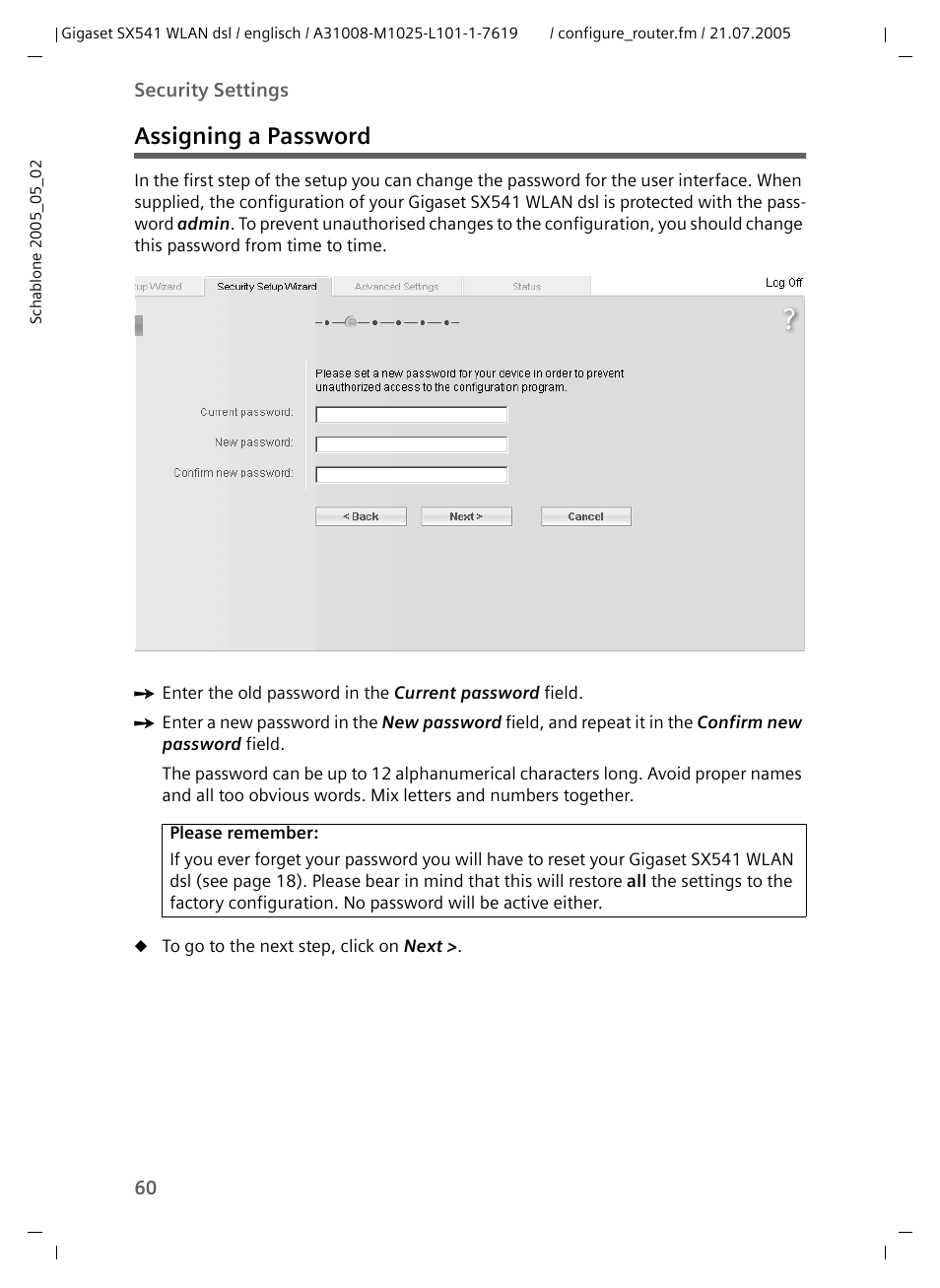 Assigning a password | Siemens Gigaset SX541 WLAN dsl User Manual | Page 62 / 187