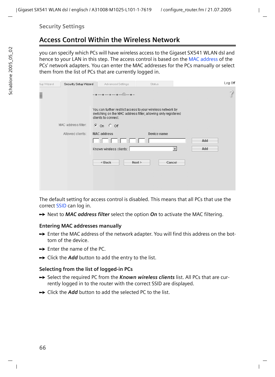 Access control within the wireless network | Siemens Gigaset SX541 WLAN dsl User Manual | Page 68 / 187