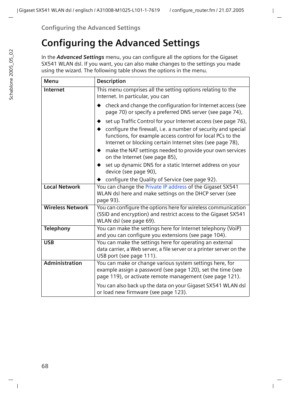 Configuring the advanced settings | Siemens Gigaset SX541 WLAN dsl User Manual | Page 70 / 187