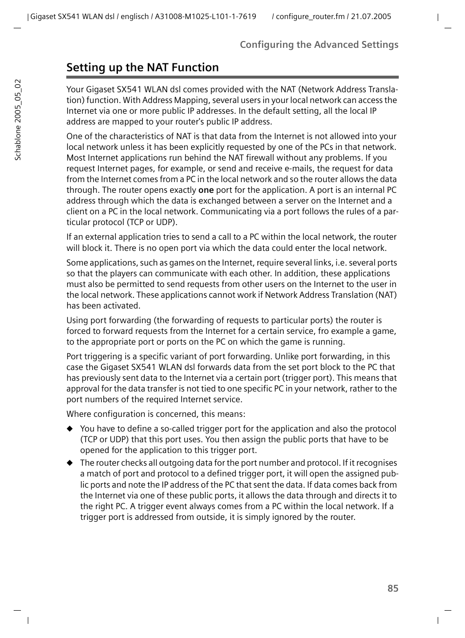 Setting up the nat function | Siemens Gigaset SX541 WLAN dsl User Manual | Page 87 / 187