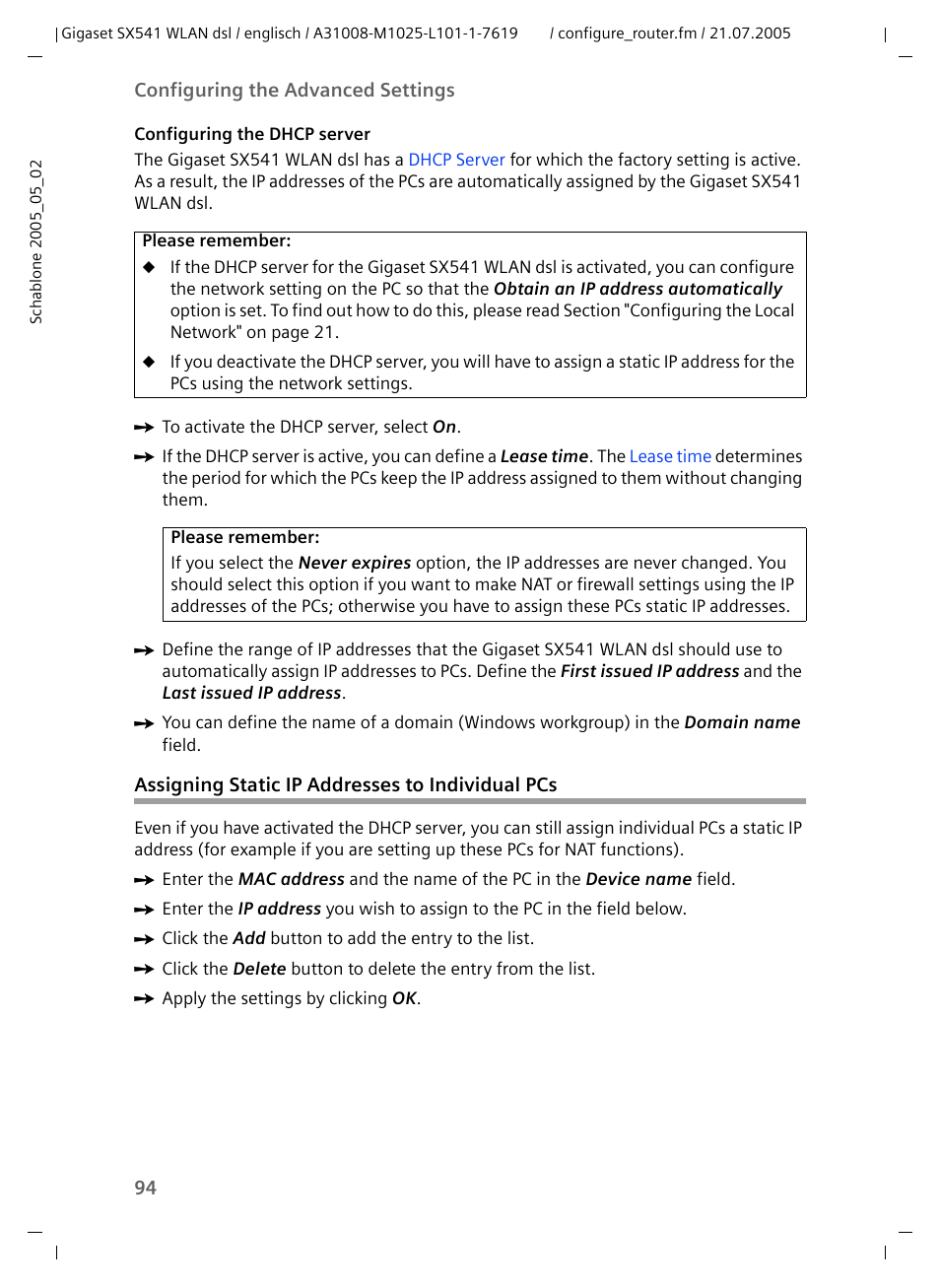Assigning static ip addresses to individual pcs | Siemens Gigaset SX541 WLAN dsl User Manual | Page 96 / 187