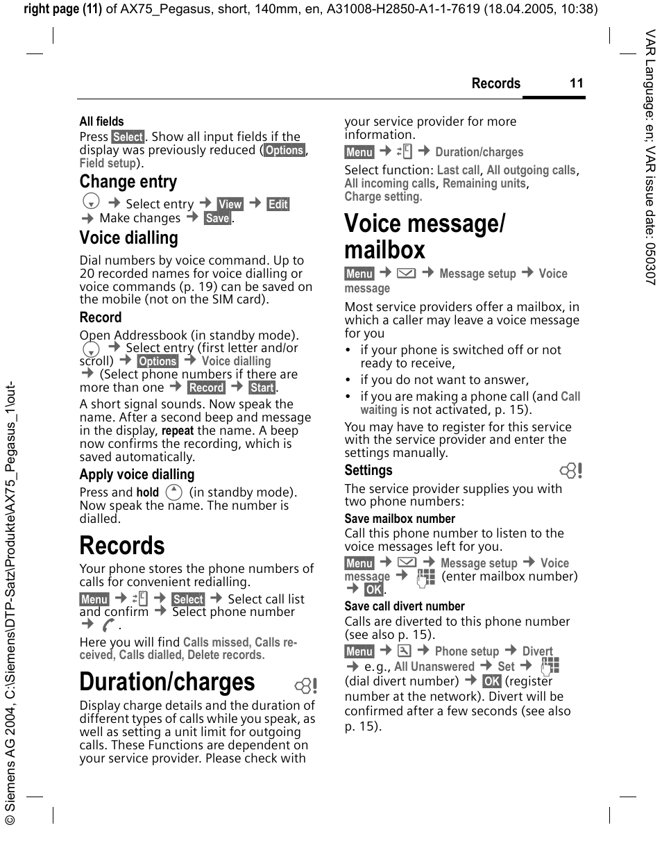 Change entry, Voice dialling, Records | Duration/charges b, Voice message/ mailbox, Duration/charges, Voice message/mailbox, Book p. 11 or phon | Siemens AX75 User Manual | Page 12 / 28