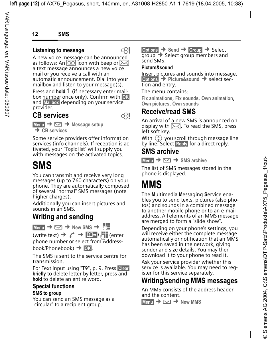 Cb services b, Writing and sending, Receive/read sms | Sms archive, Writing/sending mms messages | Siemens AX75 User Manual | Page 13 / 28